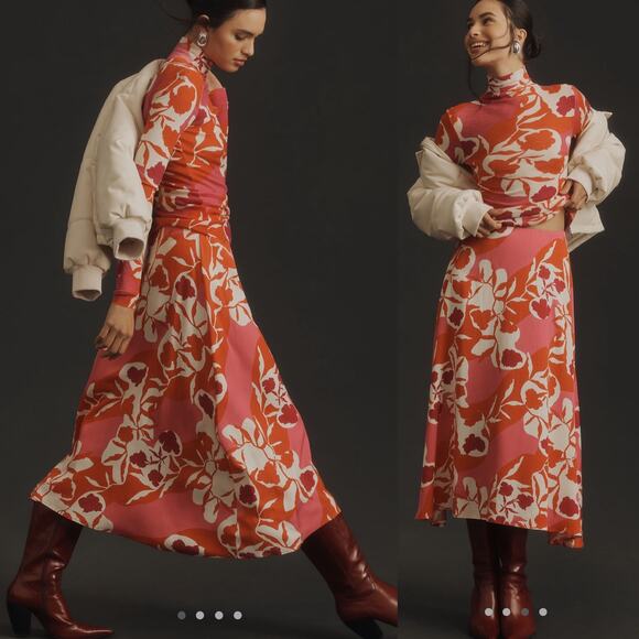 NWT Anthropologie Marimekko Volyymi Serenaadi Pink Red Floral A Line Midi Skirt - Picture 2 of 14